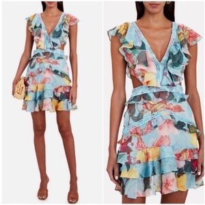 Patbo Hibiscus Cut Out Floral Mini Dress Blue